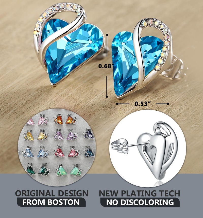 Leafael Heart Earrings for Women with Aquamarine Blue Birthstone Crystal for December, Sterling Silver Plated Heart Topaz Turquoise Color Valentine's Day Gifts for Mom, Wife, and Her - Image 3
